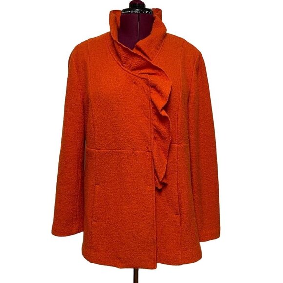 SANDRO Sportswear 100% Wool Jacket‎ Cardigan Ruffle Detail Coral Women's Size S - Picture 1 of 11